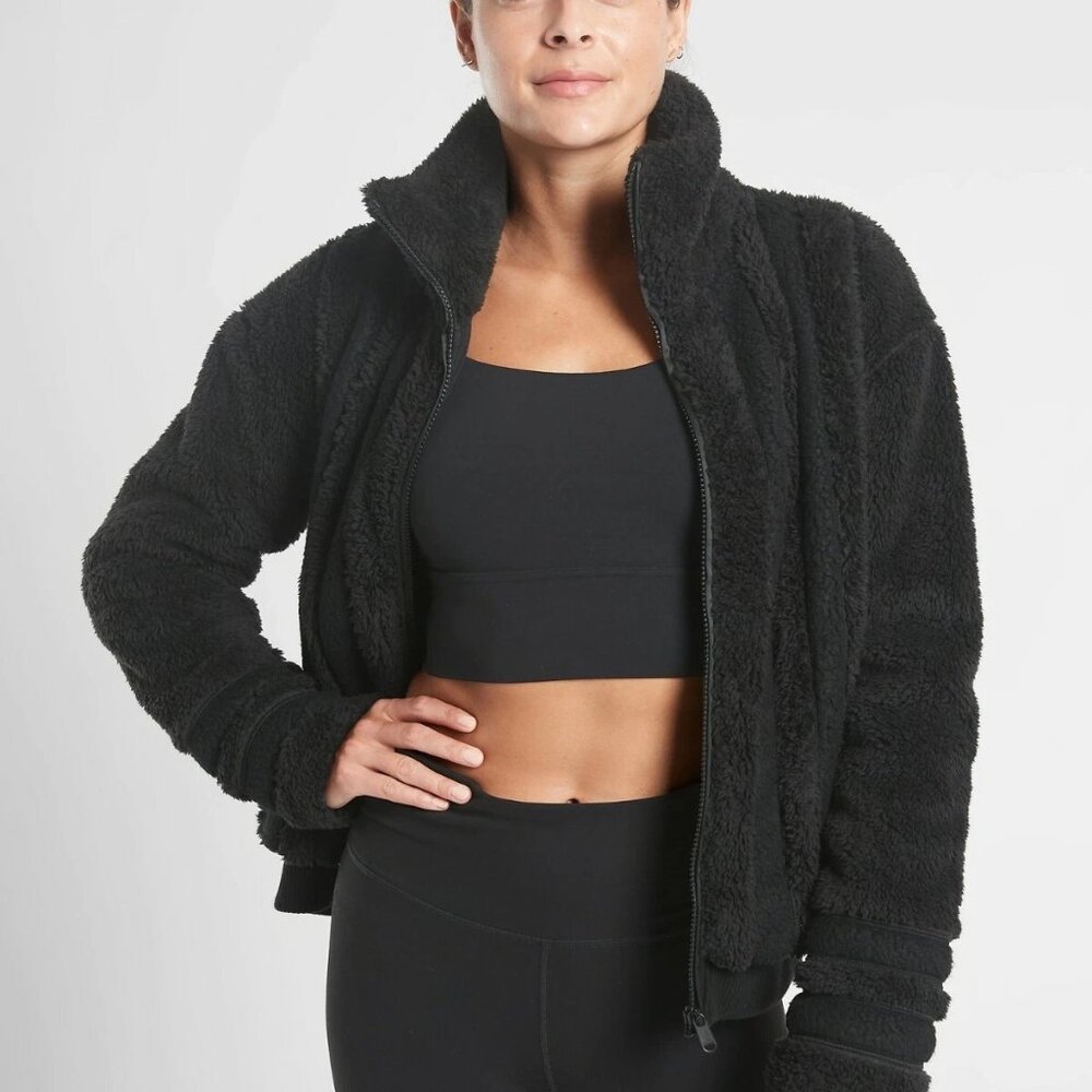 ATHLETA Willow Fleece Sherpa Jacket, Black SIZE L